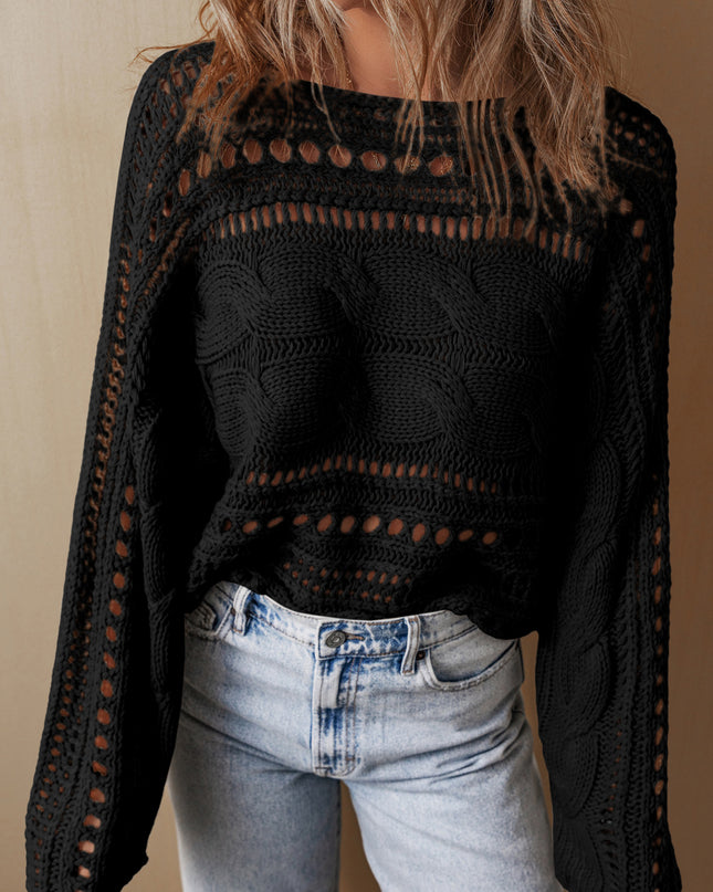 Smoke Gray Hollow-out Cable Knit Cropped Sweater