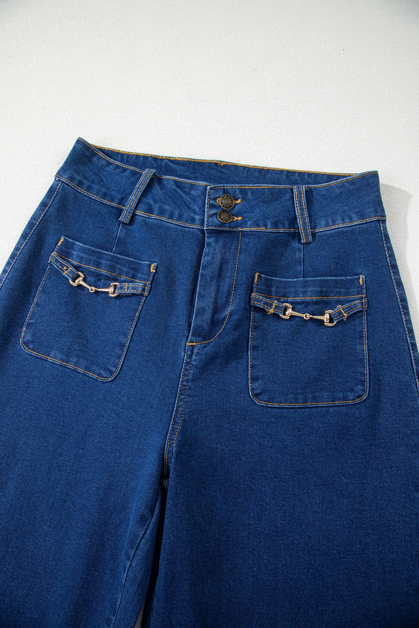 Sail Blue Hardware Decor Patched Pockets Wide Leg Jean Pants