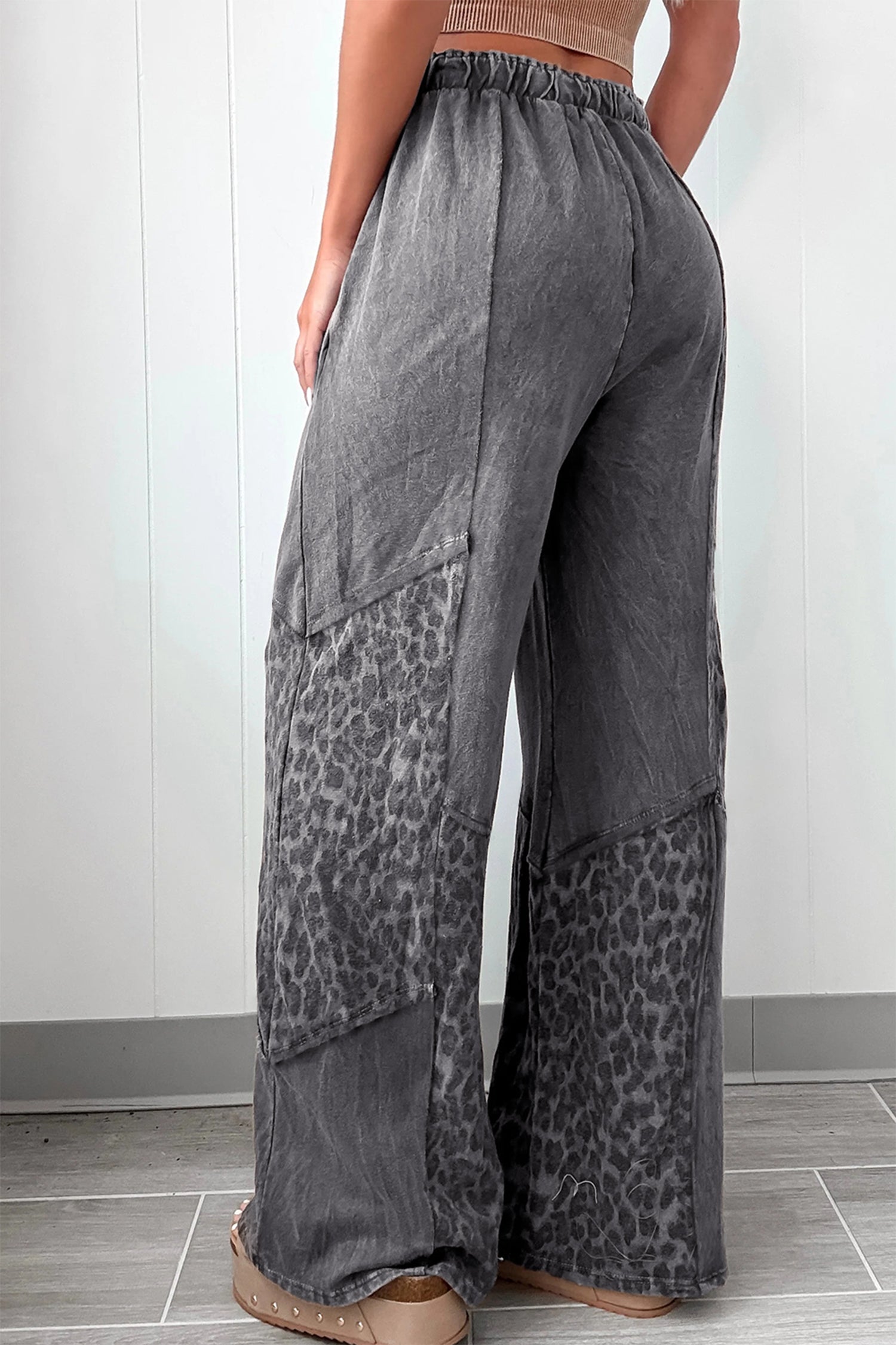 Coffee Mineral Wash Leopard Patchwork Loose Pants