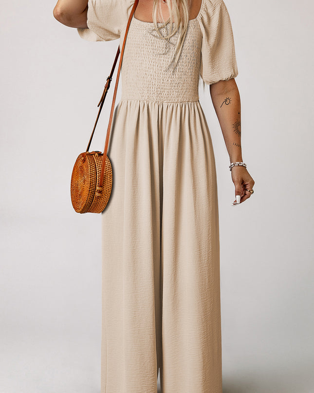 Apricot Short Bubble Sleeve Smocked Wide Leg Jumpsuit