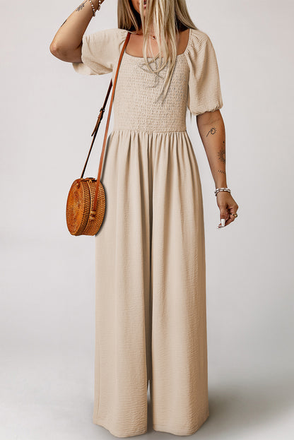 Apricot Short Bubble Sleeve Smocked Wide Leg Jumpsuit