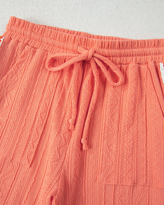 Grapefruit Orange Crochet Floral Accent V Neck Textured Pants Set