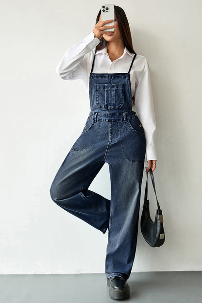 Dark Blue Crossed Tie Straps Bib Pocket Loose Denim Overalls