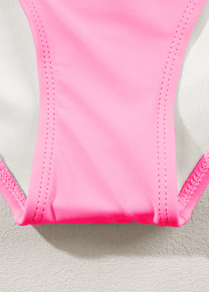 Peach Blossom Striped Patchwork Spaghetti Strap High Waist Bikini Swimsuit