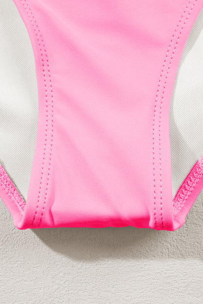 Peach Blossom Striped Patchwork Spaghetti Strap High Waist Bikini Swimsuit