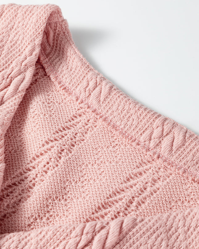 Gossamer Pink Cable Knit V Neck Cardigan Shorts Set