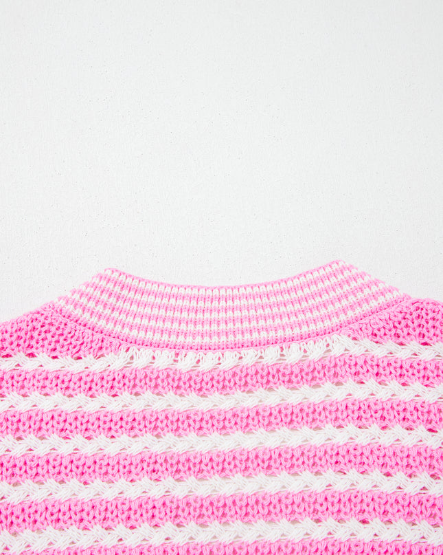 Pink Stripe Short Sleeve Knit V Neck Bow Knot Sweater