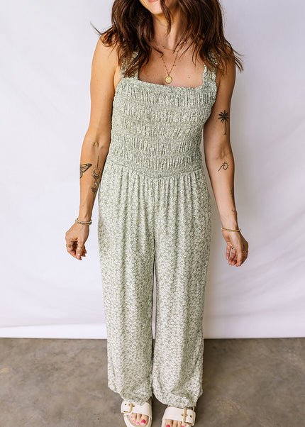 Green Smocked Bodice Square Neck Sleeveless Floral Jumpsuit