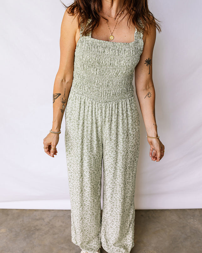 Green Smocked Bodice Square Neck Sleeveless Floral Jumpsuit