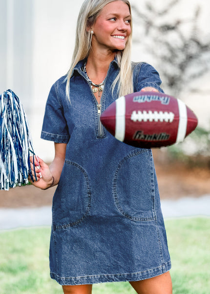 Blue Zip up Collared Short Sleeve Shift Mini Denim Dress