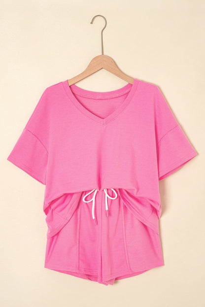 Mint Green V Neck Drop Shoulder Tee and Patchwork Drawstring Shorts Set