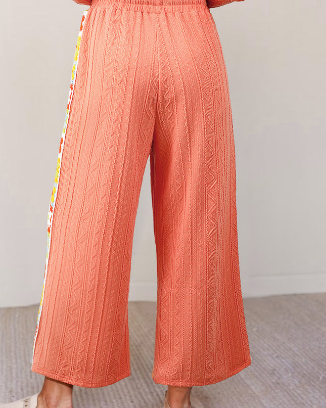 Grapefruit Orange Crochet Floral Accent V Neck Textured Pants Set