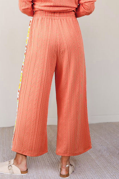 Grapefruit Orange Crochet Floral Accent V Neck Textured Pants Set