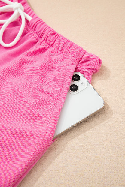 Mint Green V Neck Drop Shoulder Tee and Patchwork Drawstring Shorts Set