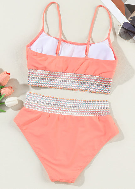 Peach Blossom Striped Patchwork Spaghetti Strap High Waist Bikini Swimsuit