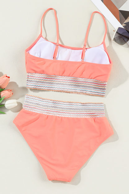 Peach Blossom Striped Patchwork Spaghetti Strap High Waist Bikini Swimsuit