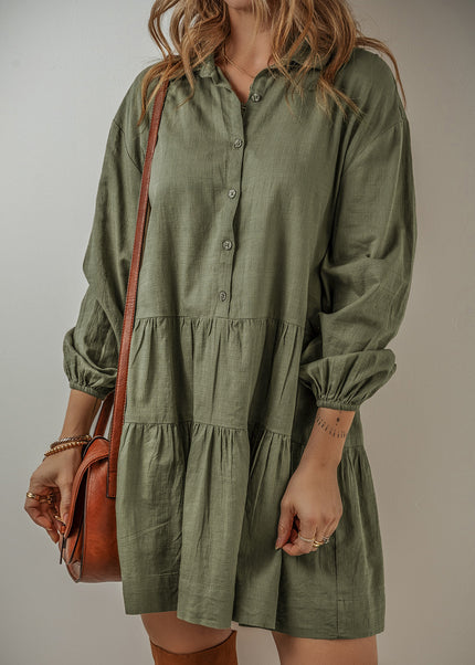 Tan Puff Sleeve Buttoned Tiered Pleated Shirt Mini Dress
