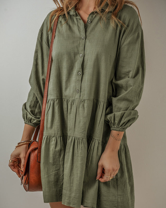 Tan Puff Sleeve Buttoned Tiered Pleated Shirt Mini Dress