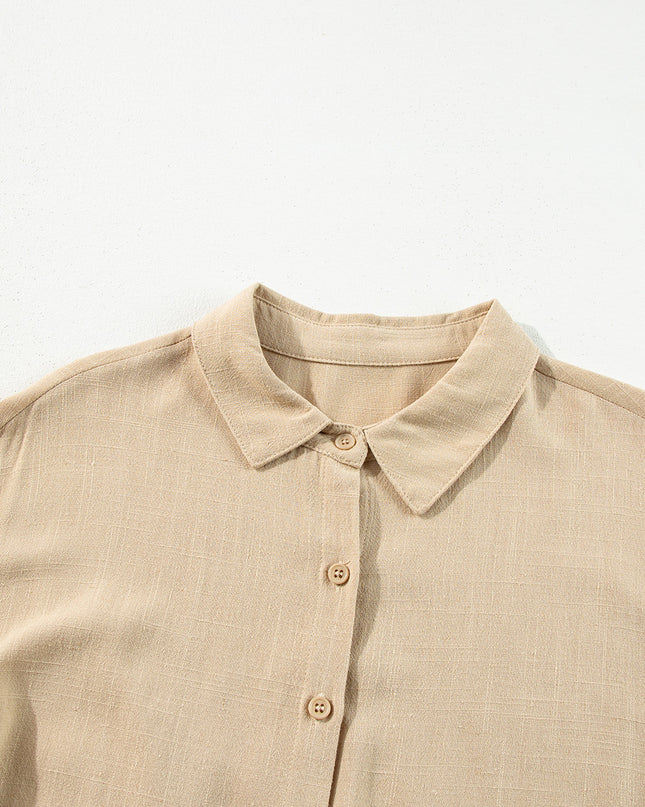 Tan Puff Sleeve Buttoned Tiered Pleated Shirt Mini Dress