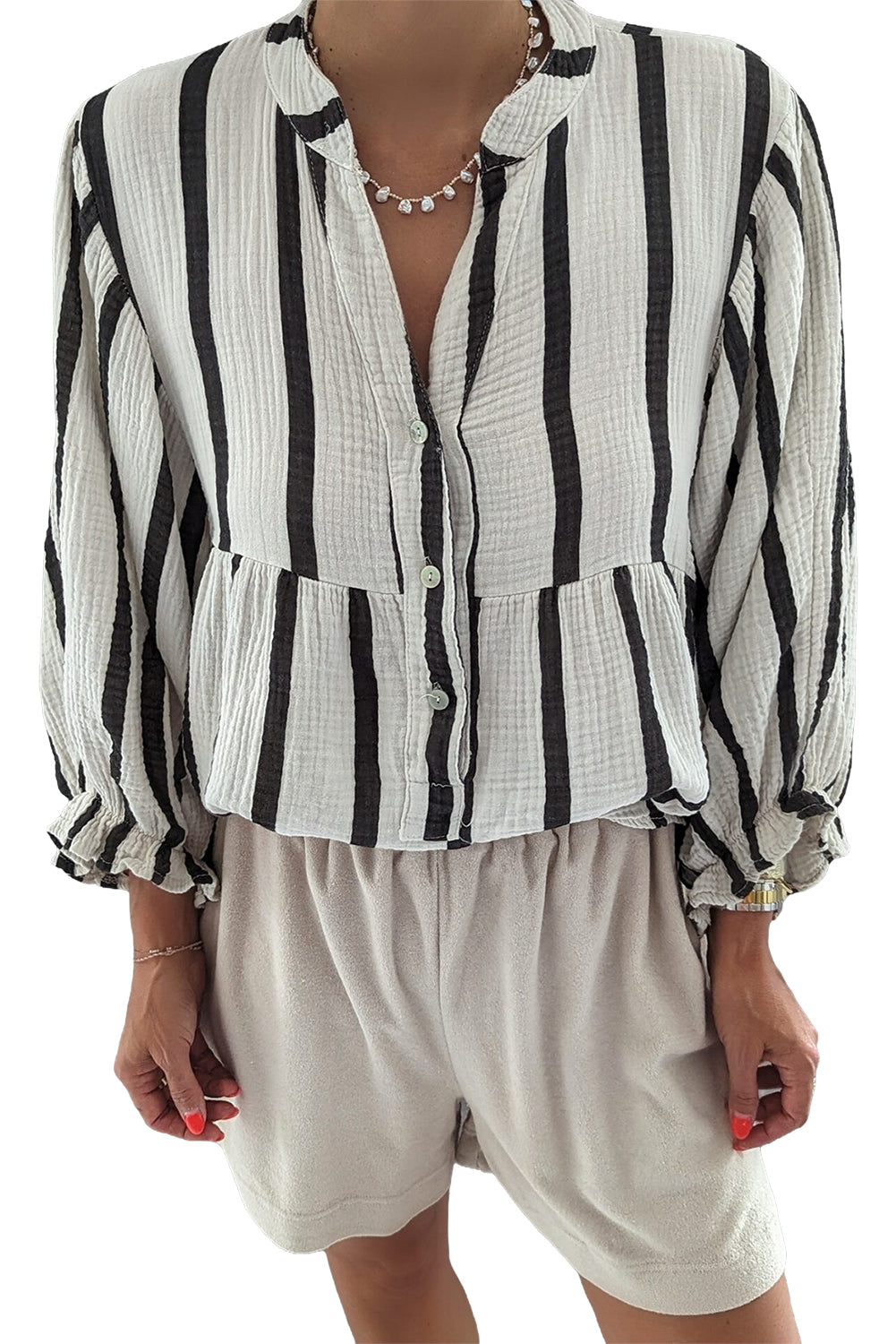 Orange Stripe Crinckled Ruffled Sleeve Button up Loose Shirt