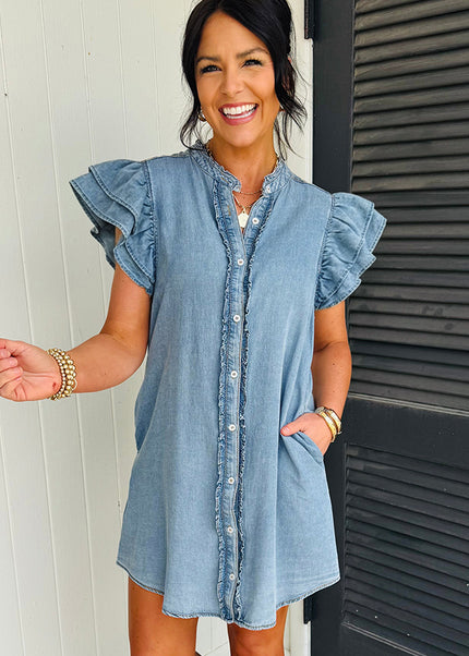 Myosotis Frilled Detail Button Down Ruffle Short Sleeve Denim Mini Dress
