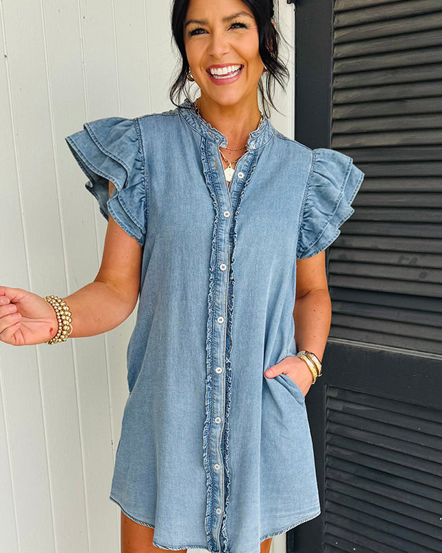 Myosotis Frilled Detail Button Down Ruffle Short Sleeve Denim Mini Dress