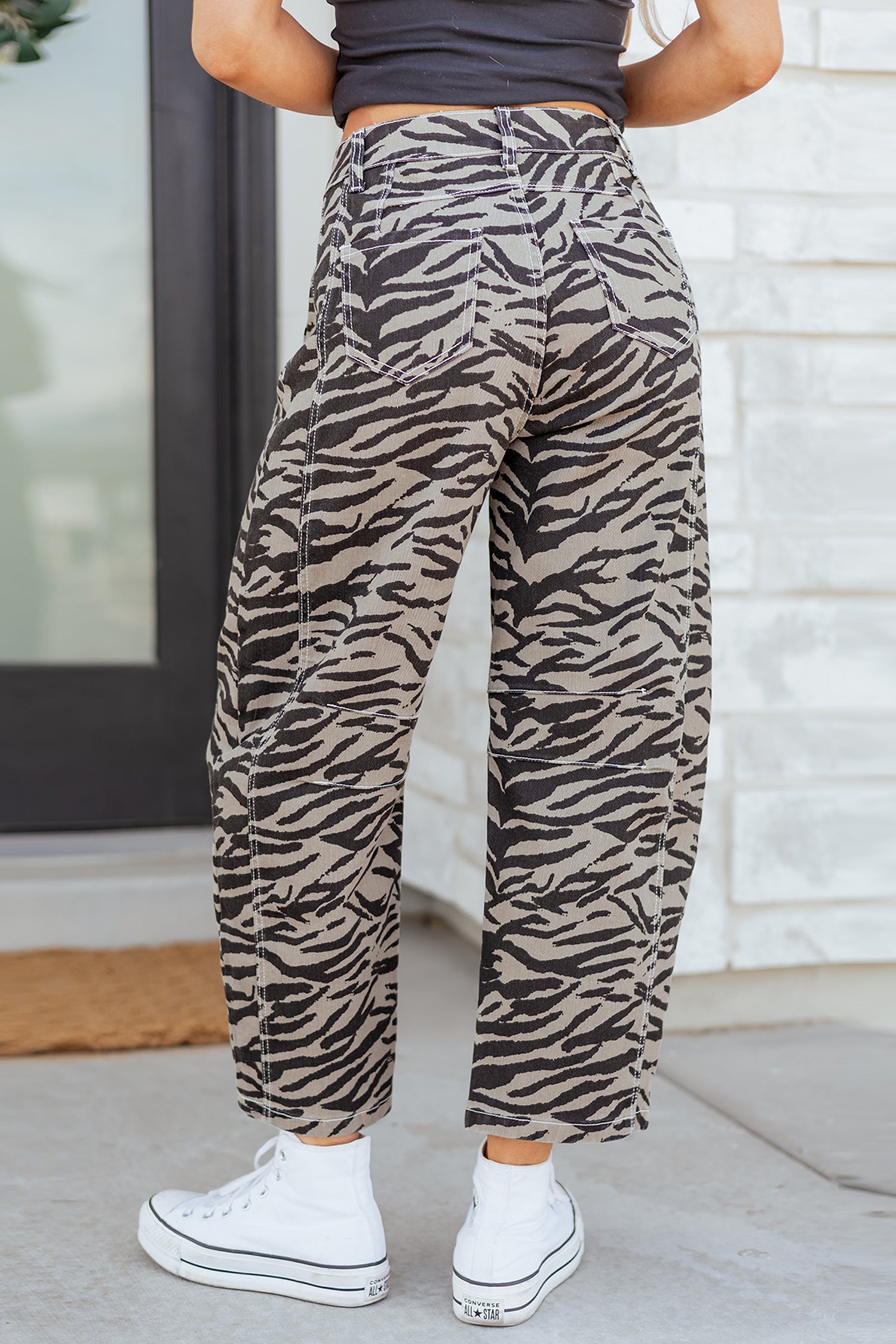 Gray Zebra Stripe Printed Wide Leg Jeans