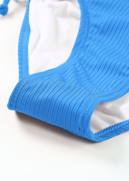 Sky Blue Adjustable Straps Ribbed Knit One Piece Swimsuit