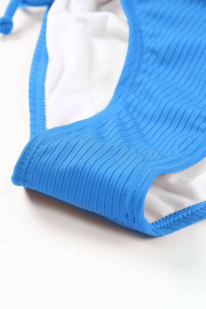 Sky Blue Adjustable Straps Ribbed Knit One Piece Swimsuit