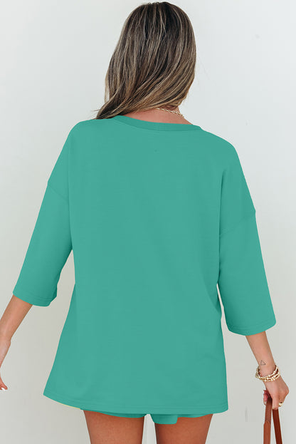 Meadow Mist Green Solid Loose V Neck Half Sleeve Tee and Shorts Set