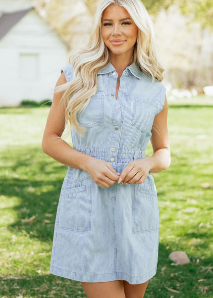 Sky Blue Stripe Collared Button Front Sleeveless Denim Mini Dress