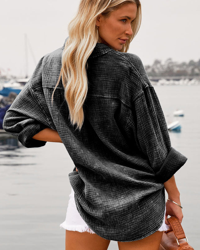 Black Crinkle Textured Chest Pockets Shirt
