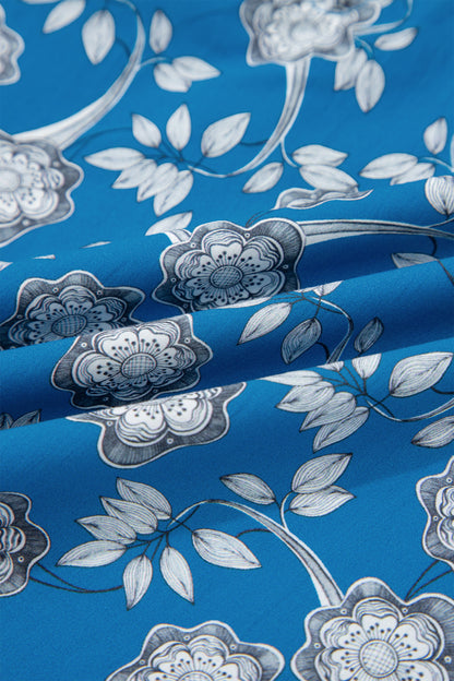 Blue Floral Print Button Tie Neck Striped Detail Short Sleeve Blouse