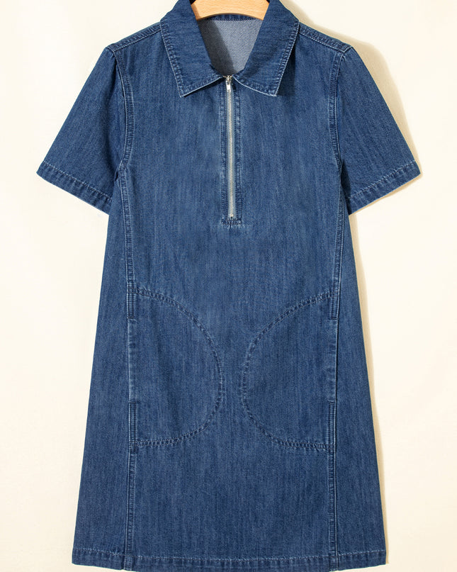 Blue Zip up Collared Short Sleeve Shift Mini Denim Dress