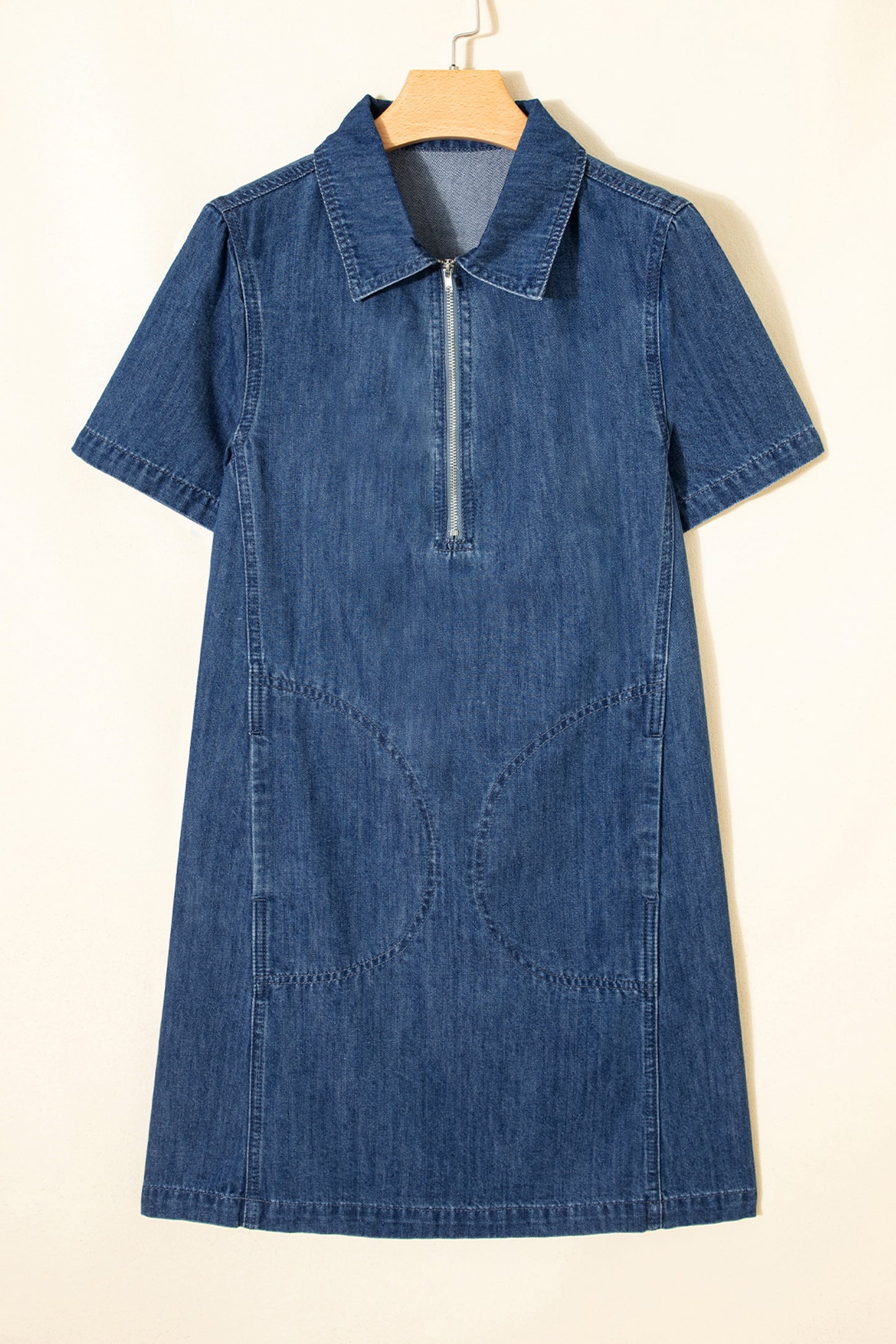 Blue Zip up Collared Short Sleeve Shift Mini Denim Dress