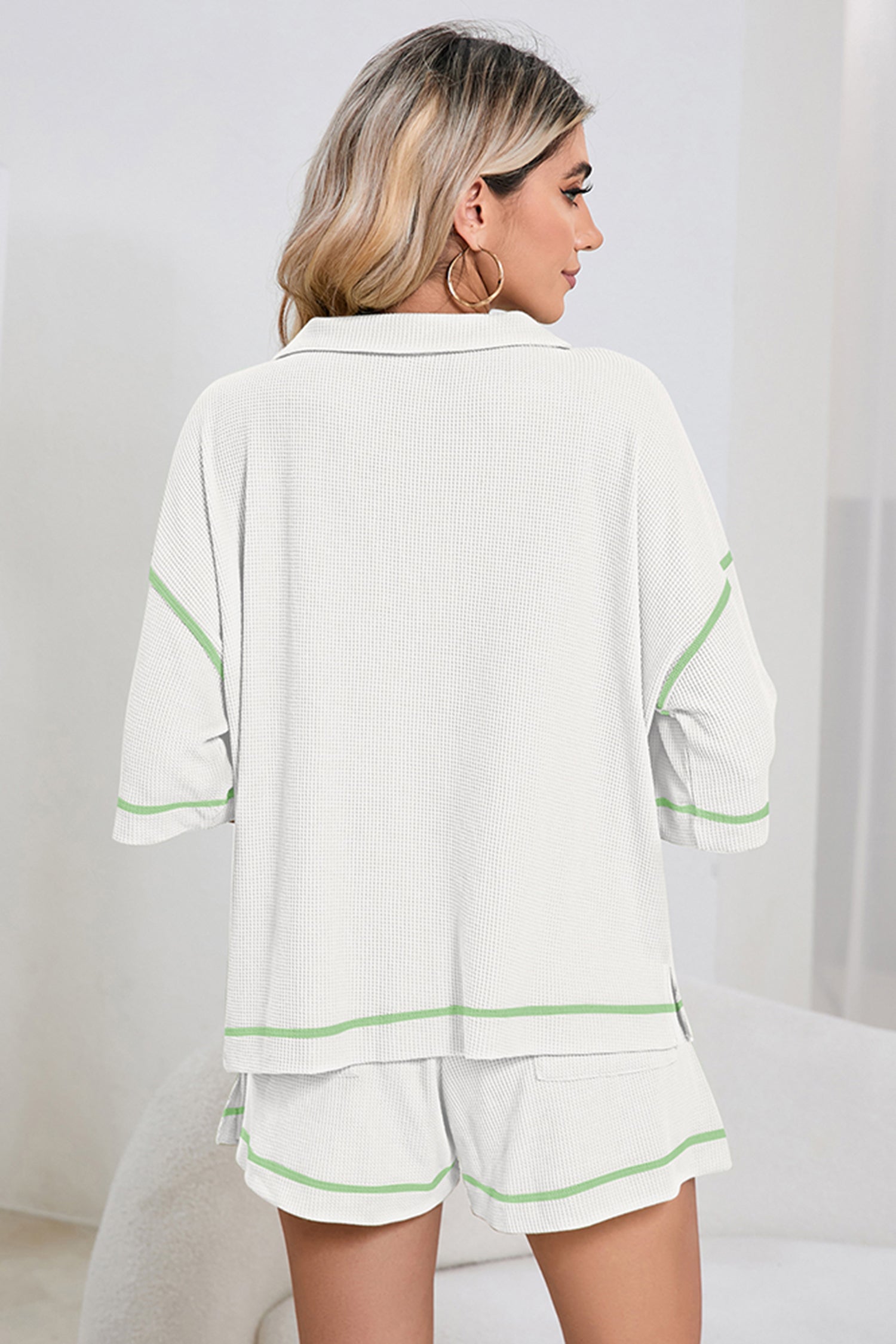 Pink Breathable Waffle Color Block Trim 2pcs Casual Short Set