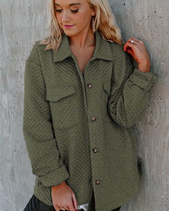 Black Retro Quilted Flap Pocket Button Shacket