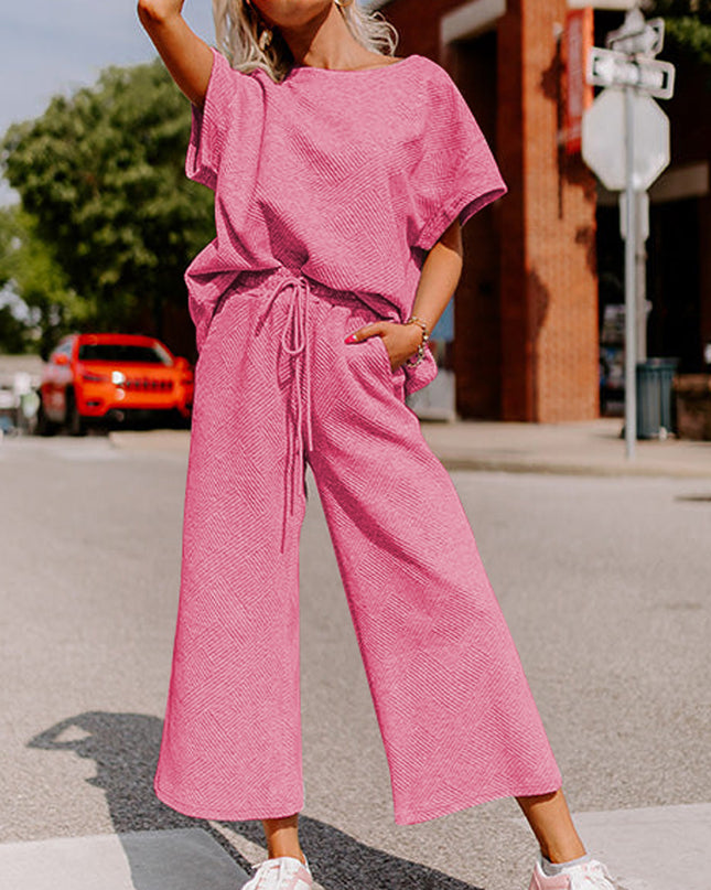 Black Textured Loose Fit T Shirt and Drawstring Pants Set