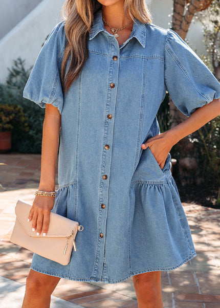 Beau Blue Button Down Short Puff Sleeve Ruffle Hem Patchwork Denim Dress