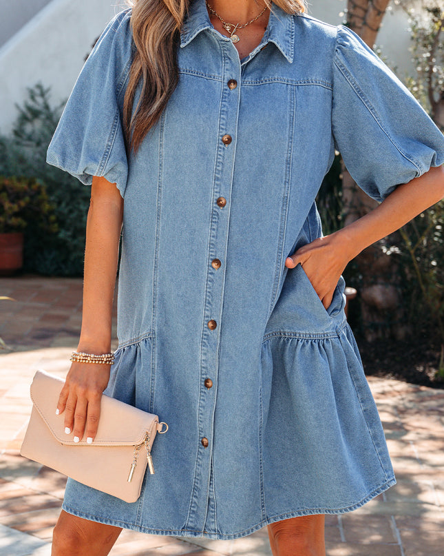 Beau Blue Button Down Short Puff Sleeve Ruffle Hem Patchwork Denim Dress