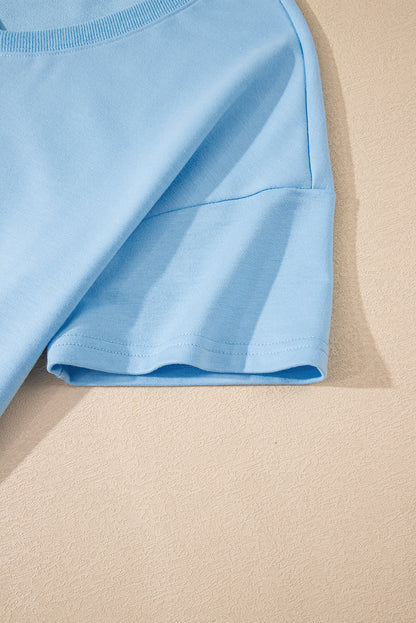 Mint Green V Neck Drop Shoulder Tee and Patchwork Drawstring Shorts Set