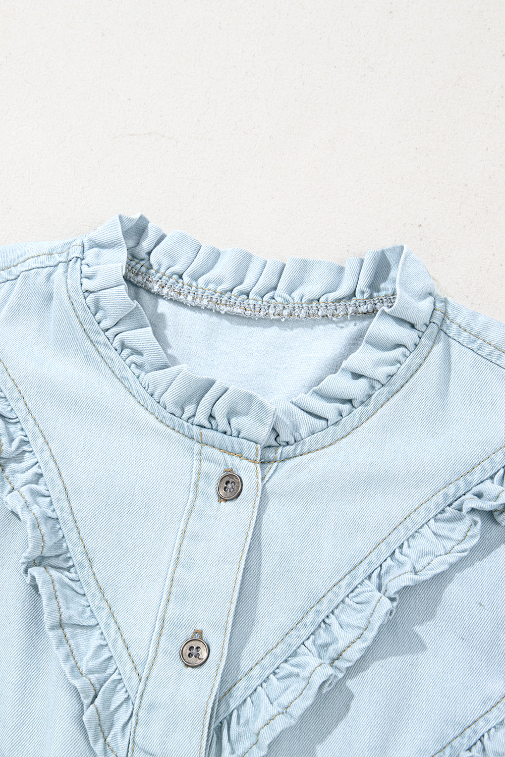 Beau Blue Mineral Wash Cap Sleeve Frilled Button Up Denim Shirt