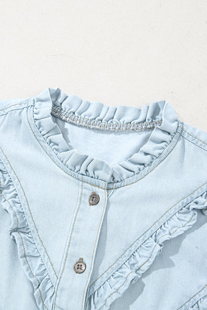 Beau Blue Mineral Wash Cap Sleeve Frilled Button Up Denim Shirt