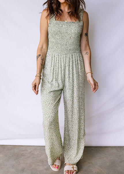 Green Smocked Bodice Square Neck Sleeveless Floral Jumpsuit