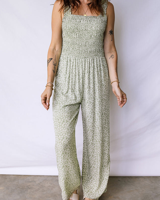 Green Smocked Bodice Square Neck Sleeveless Floral Jumpsuit
