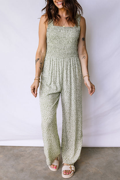 Green Smocked Bodice Square Neck Sleeveless Floral Jumpsuit