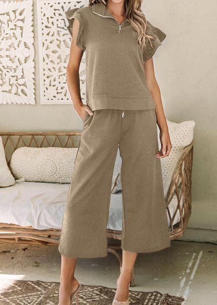 Black Textured Flutter Sleeve Top Wide Leg Pants Set