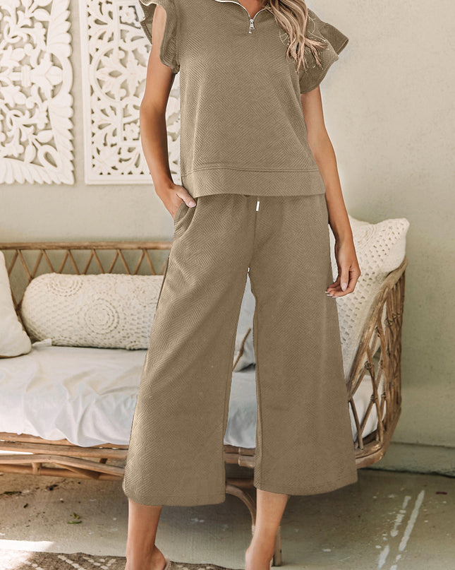 Black Textured Flutter Sleeve Top Wide Leg Pants Set