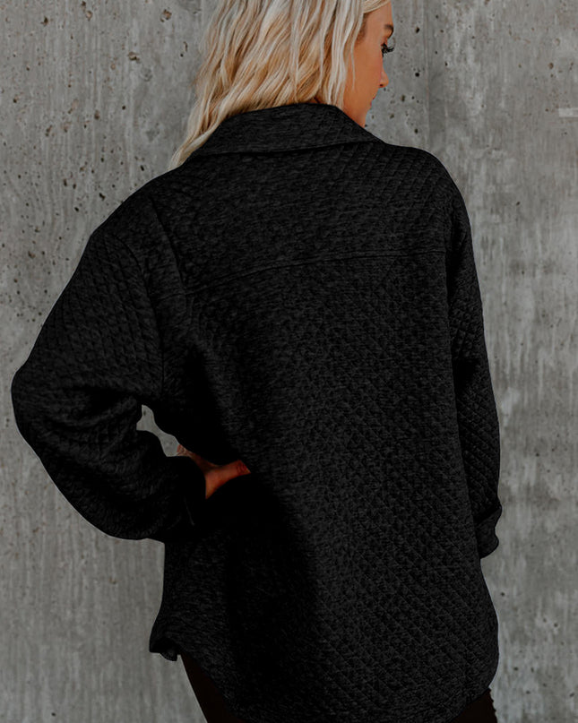 Black Retro Quilted Flap Pocket Button Shacket