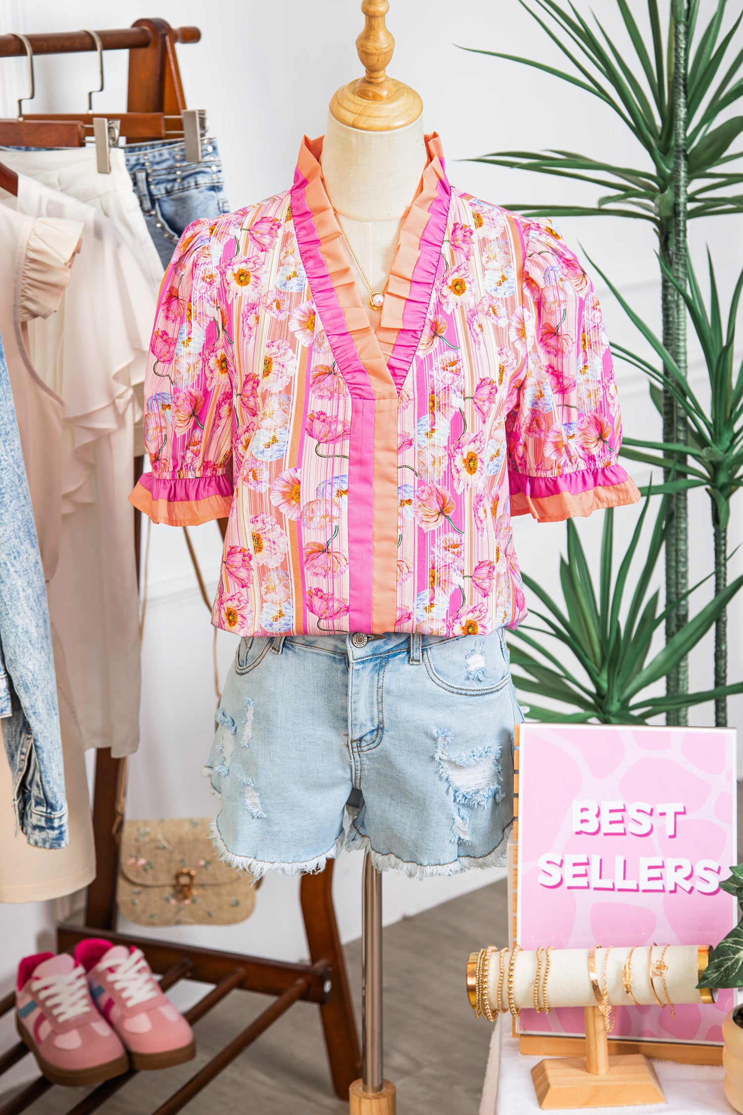 Pink Poppy Flower Striped Print Color Block Trim V Neck Short Sleeve Blouse